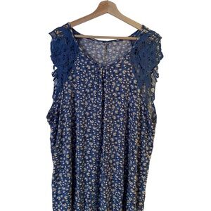 Blue Floral Sleeveless Top with Lace Detail